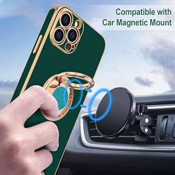 Hython for iPhone 13 Pro Max Case with Ring Stand [360°Rotatable Ring Holder Magnetic Kickstand] [Plated Rose Gold Edge] Slim Soft TPU Cover Luxury Protective Phone Case for Women Men, Midnight Green