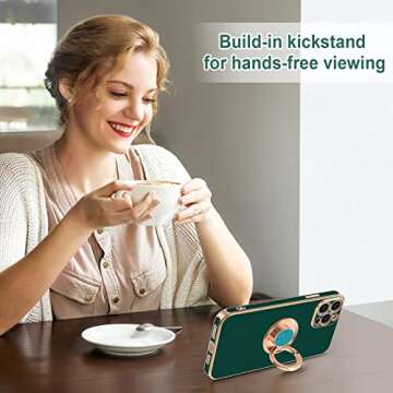 Hython for iPhone 13 Pro Max Case with Ring Stand [360°Rotatable Ring Holder Magnetic Kickstand] [Plated Rose Gold Edge] Slim Soft TPU Cover Luxury Protective Phone Case for Women Men, Midnight Green