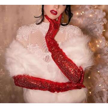 DooWay Women Red Sequins Gloves TECH Mesh Super Long 28" Glitter Sparkly Costume Evening Dance Gloves