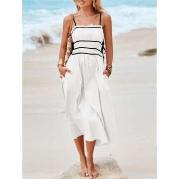 Wenrine Women Summer Spaghetti Strap Dress Sleeveless Tie Smocked Sundress A Line Vacation Beach Midi Dresses White