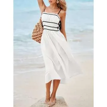 Wenrine Women Summer Spaghetti Strap Dress Sleeveless Tie Smocked Sundress A Line Vacation Beach Midi Dresses White