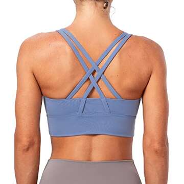 Lavento Women's Strappy Sports Bra Long Line Medium Support Energy Workout Training Top (2026 Baby Blue, Small)