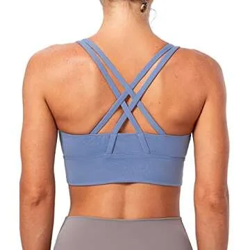 Lavento Women's Strappy Sports Bra Long Line Medium Support Energy Workout Training Top (2026 Baby Blue, Small)