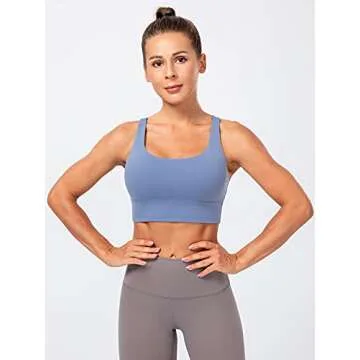 Lavento Women's Strappy Sports Bra Long Line Medium Support Energy Workout Training Top (2026 Baby Blue, Small)