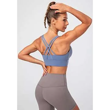Lavento Women's Strappy Sports Bra Long Line Medium Support Energy Workout Training Top (2026 Baby Blue, Small)