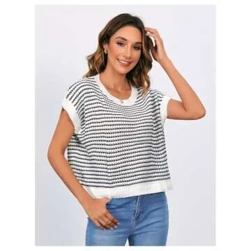 MakeMeChic Women's Striped Knit Vest Tops Short Sleeve Sweater Vest Tank Top Black Small