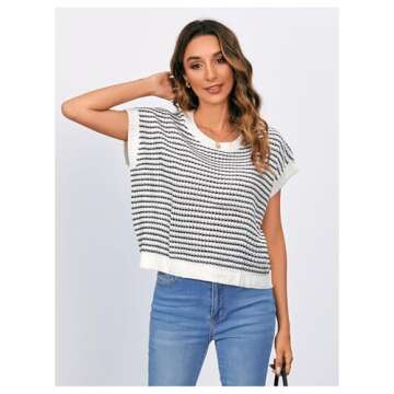 MakeMeChic Women's Striped Knit Vest Tops Short Sleeve Sweater Vest Tank Top Black Small