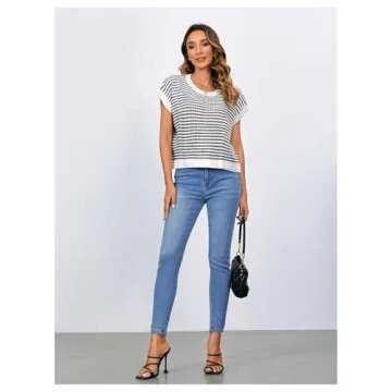 MakeMeChic Women's Striped Knit Vest Tops Short Sleeve Sweater Vest Tank Top Black Small