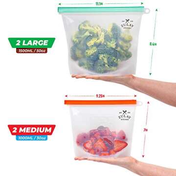 Zulay Reusable Silicone Food Storage Bags - 4-pack Food Grade and Eco-Friendly Preservation Bags - Airtight Seal Silicone Food Bag for Storing Food, Vegetables, Fruits, Liquids, and More.