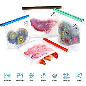 Zulay Reusable Silicone Food Storage Bags - 4-pack Food Grade and Eco-Friendly Preservation Bags - Airtight Seal Silicone Food Bag for Storing Food, Vegetables, Fruits, Liquids, and More.