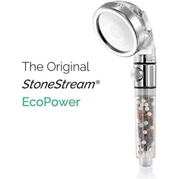 Original StoneStream Filtered Shower Head, Eco Power High Pressure Water Softener Showerhead with ON/OFF switch and Spa like Ionic beads for Dry Skin & Hair — 3 Spray Settings