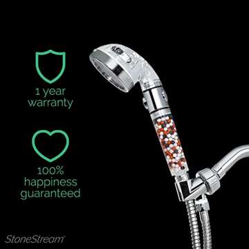 Original StoneStream Filtered Shower Head, Eco Power High Pressure Water Softener Showerhead with ON/OFF switch and Spa like Ionic beads for Dry Skin & Hair — 3 Spray Settings