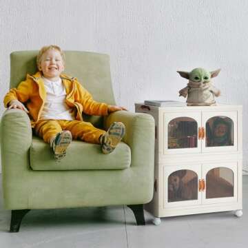 rwcoet Collapsible Stackable Storage Bins 8gal & 32L 3 Pack, Storage Cabinet with Lids and Doors, Craft Storage Bins with Open Front Doors and Wheels for Bedroom & Living Room