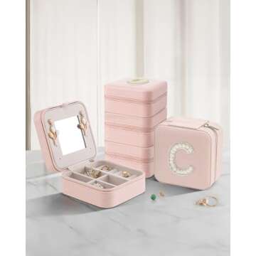 Vlando Travel Jewelry Case for Women Girls, L Initial Travel Jewelry Case, Small Jewelry Travel Case, Personalized Travel Mini Jewelry Case, Birthday Gifts for Women Mom Grandma - Letter M, Pink