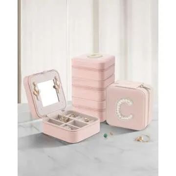 Vlando Travel Jewelry Case for Women Girls, L Initial Travel Jewelry Case, Small Jewelry Travel Case, Personalized Travel Mini Jewelry Case, Birthday Gifts for Women Mom Grandma - Letter M, Pink