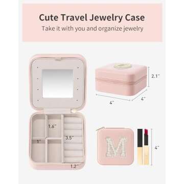 Vlando Travel Jewelry Case for Women Girls, L Initial Travel Jewelry Case, Small Jewelry Travel Case, Personalized Travel Mini Jewelry Case, Birthday Gifts for Women Mom Grandma - Letter M, Pink