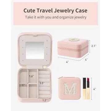 Vlando Travel Jewelry Case for Women Girls, L Initial Travel Jewelry Case, Small Jewelry Travel Case, Personalized Travel Mini Jewelry Case, Birthday Gifts for Women Mom Grandma - Letter M, Pink