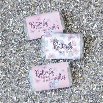 Butterfly Girl Baby Shower Miniature Chocolate Candy Bar Wrappers, A Little Butterfly is on Her Way Baby Shower Decorations, It's a Girl Favor Stickers - 45 Count