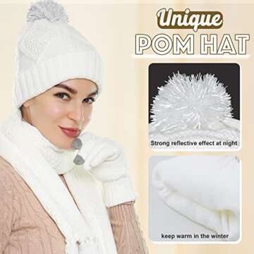 Hat Gloves Scarf Set for Women, Winter Beanie Warm Knit Pom Hat Touch Screen Glove Long Scarf 3pcs Winter Gift Set for Women