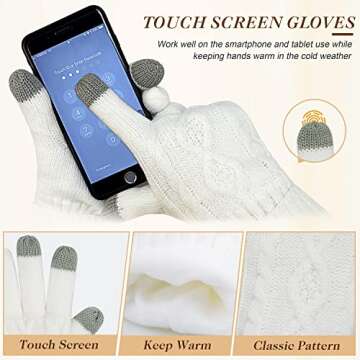 Hat Gloves Scarf Set for Women, Winter Beanie Warm Knit Pom Hat Touch Screen Glove Long Scarf 3pcs Winter Gift Set for Women