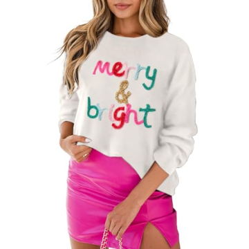LEMAFER Women's 2024 Christmas Merry Bright Sweater Round Neck Sequin Tinsel Slogan Sweatshirts Long...