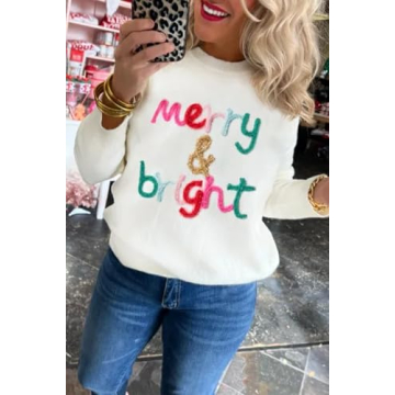 LEMAFER Women's 2024 Christmas Merry Bright Sweater Round Neck Sequin Tinsel Slogan Sweatshirts Long Sleeve Holiday Pullover Tops
