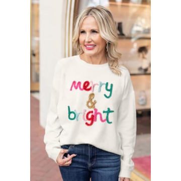 LEMAFER Women's 2024 Christmas Merry Bright Sweater Round Neck Sequin Tinsel Slogan Sweatshirts Long Sleeve Holiday Pullover Tops