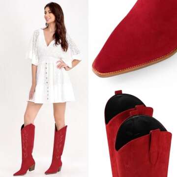 iiimmu Cowgirl Boots Women Knee High Boots Pointed Toe and Block Heel Cowboy Suede Boots with Embroi...