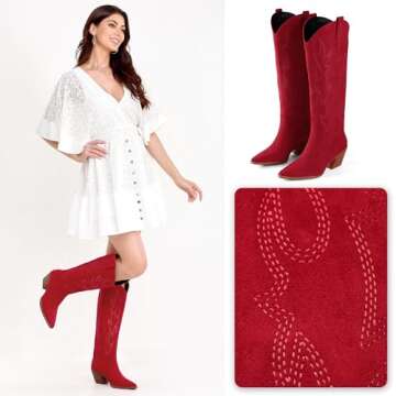 iiimmu Cowgirl Boots Women Knee High Boots Pointed Toe and Block Heel Cowboy Suede Boots with Embroidered, Red Size 7