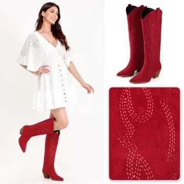iiimmu Cowgirl Boots Women Knee High Boots Pointed Toe and Block Heel Cowboy Suede Boots with Embroidered, Red Size 7