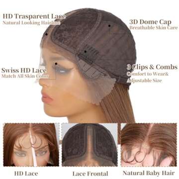 XIXIBI Brown Lace Front Wigs for Women, Long Straight Auburn Brown Wigs with Baby Hair, Pre Plucked Ready to Wear Synthetic HD Glueless Lace Frontal Wigs Hair Replacement Wigs for Daily Party Use