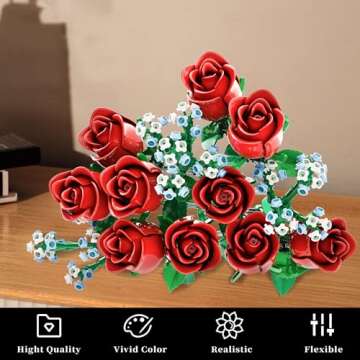 Valentines Artificial Flowers for Adults Rose Bouquet Building Set, Wildflowers Icon Flowers Botanical Collection Kits Compatible with Lego Flower, Valentines Day Gifts for Her Kids Women Girls