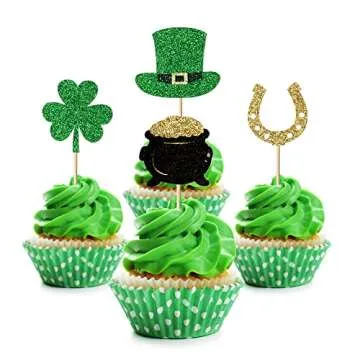 Artczlay 24pcs clover cupcake topper, St. Patrick’s Day Irish theme party cake decoration, selecte...