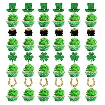 Artczlay 24pcs clover cupcake topper, St. Patrick’s Day Irish theme party cake decoration, selected green glitter lucky clover cake decoration supplies