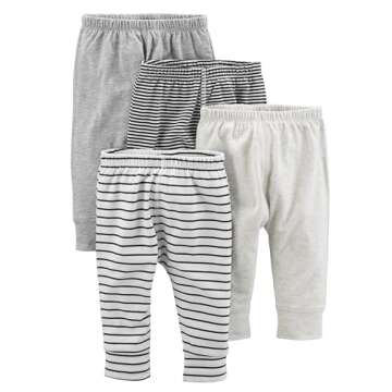 Simple Joys by Carter's Baby Cotton Pants, Pack of 4, Black Mini Stripe/Grey/Light Grey/White Stripe, 0-3 Months