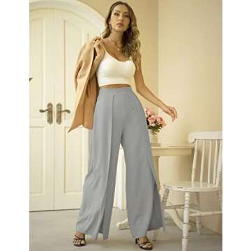Lrady Womens Casual High Waist Wide Leg Long Palazzo Pants High Split Legs Loose Fit Elegant Elastic Waist Trousers, Grey, XX-Large