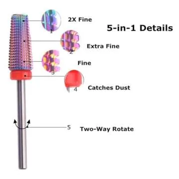 MZCMSL 5 in 1 Carbide Nail Drill Bit for Removing Acrylic or Gel, Both Left and Right Handed - Two Way Rotate Use,3/32 Shank efile Bit (Fine,Multicolor)
