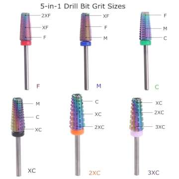 MZCMSL 5 in 1 Carbide Nail Drill Bit for Removing Acrylic or Gel, Both Left and Right Handed - Two Way Rotate Use,3/32 Shank efile Bit (Fine,Multicolor)