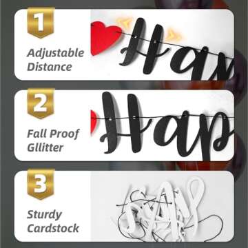 Happy Anniversary Banner, Pre-Strung Party Signs Decorations Glitter Banner for Couple Lovers Weeding Anniverniversary Party Decorations (Black)