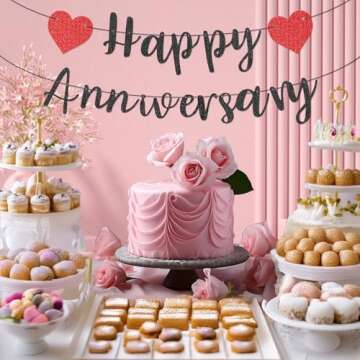 Happy Anniversary Banner, Pre-Strung Party Signs Decorations Glitter Banner for Couple Lovers Weeding Anniverniversary Party Decorations (Black)