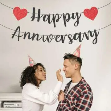 Happy Anniversary Banner, Pre-Strung Party Signs Decorations Glitter Banner for Couple Lovers Weeding Anniverniversary Party Decorations (Black)