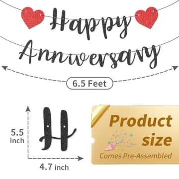 Happy Anniversary Banner, Pre-Strung Party Signs Decorations Glitter Banner for Couple Lovers Weeding Anniverniversary Party Decorations (Black)