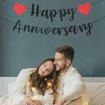 Happy Anniversary Banner, Pre-Strung Party Signs Decorations Glitter Banner for Couple Lovers Weeding Anniverniversary Party Decorations (Black)
