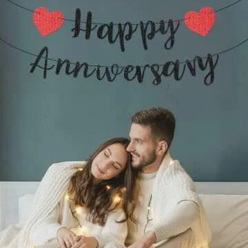 Happy Anniversary Banner, Pre-Strung Party Signs Decorations Glitter Banner for Couple Lovers Weeding Anniverniversary Party Decorations (Black)
