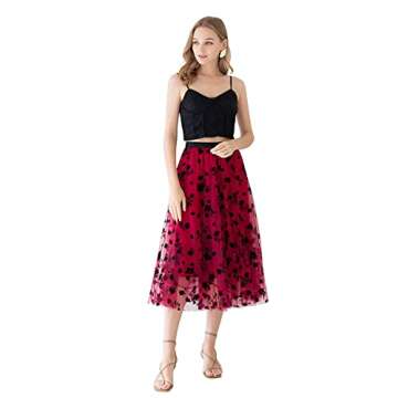 Elegant Red Midi Skirt with 3D Floral Design for Women