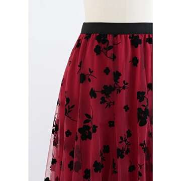 Elegant Red Midi Skirt with 3D Floral Design for Women