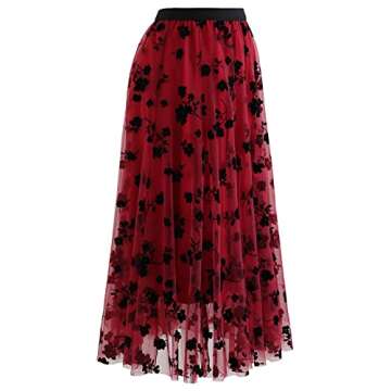 Elegant Red Midi Skirt with 3D Floral Design for Women