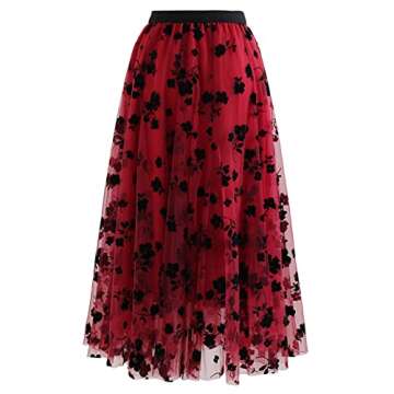 Elegant Red Midi Skirt with 3D Floral Design for Women
