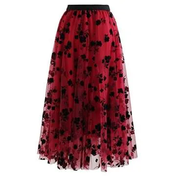 Elegant Red Midi Skirt with 3D Floral Design for Women