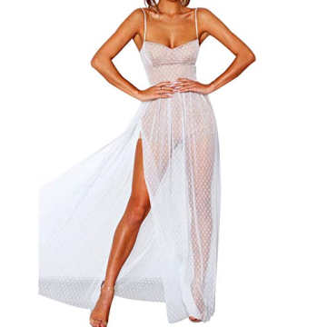 xxxiticat Women's Sexy High Split See Through Clubwear Party Cocktail Long Backless Mesh Dot Lace Sl...